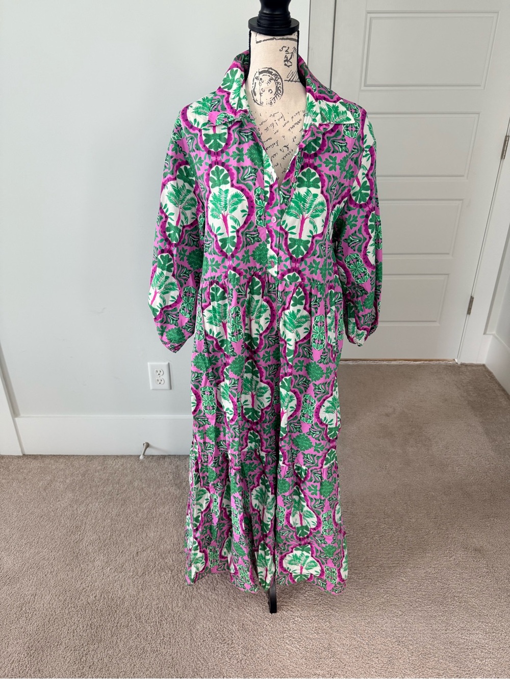 Maeve Pink and Green Floral Button-Front Maxi Shirt Dress Size L